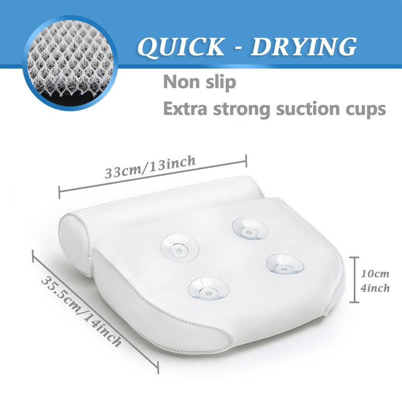 [Australia] - Coastacloud Breathable Spa Bath Pillow with 4 Large Suction Cups, Cushion Head, Neck, Shoulder & Back Support - Non Slip Contoured Shape Spa Pillows for Bathtub Hot Tub Jacuzzi - White 