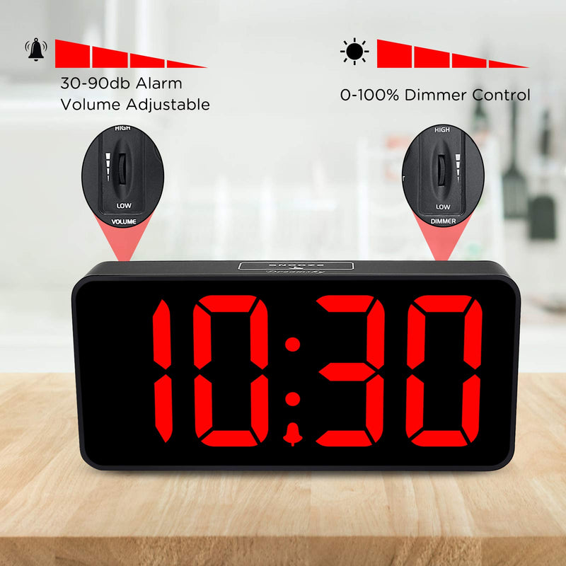 [Australia] - DreamSky Large Digital Alarm Clock Big Numbers for Seniors & Visually Impaired - 8.9 Inches Electric Clocks for Bedroom, Jumbo Display Fully Dimmable Brightness, USB Ports, Adjustable Alarm Volume Black Case + Red Digit 