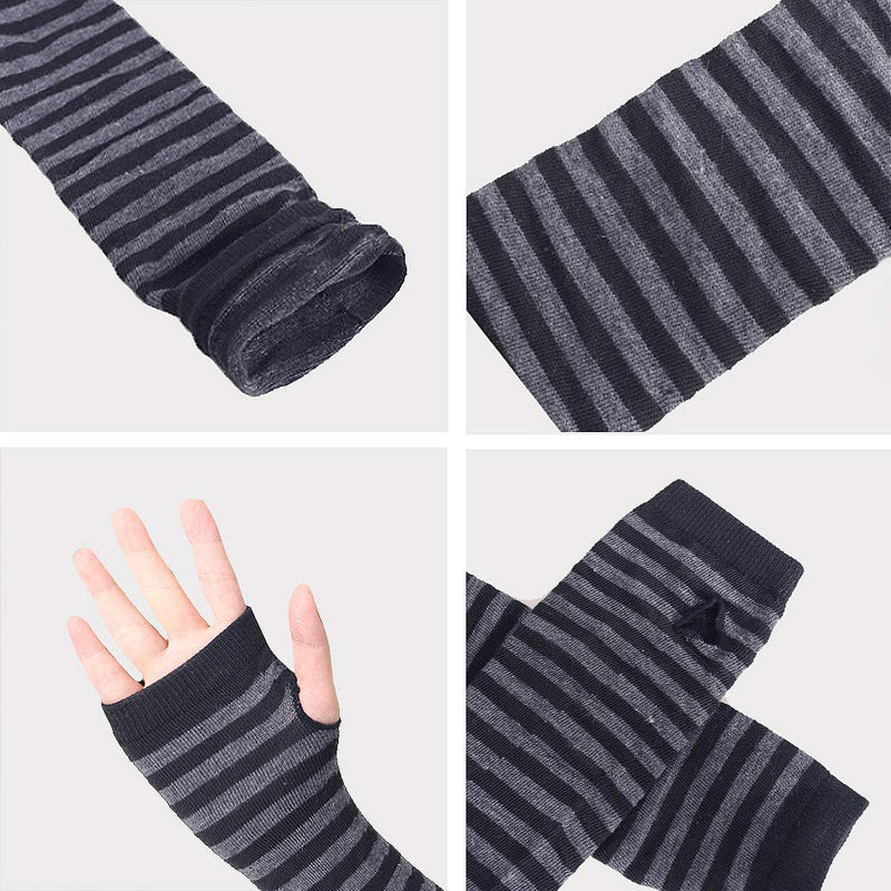 [Australia] - unisex Long Fingerless Gloves for Women Arm Warmers Knit Thumbhole Stretchy Gloves 2pairs（black-white/Black-gray） 