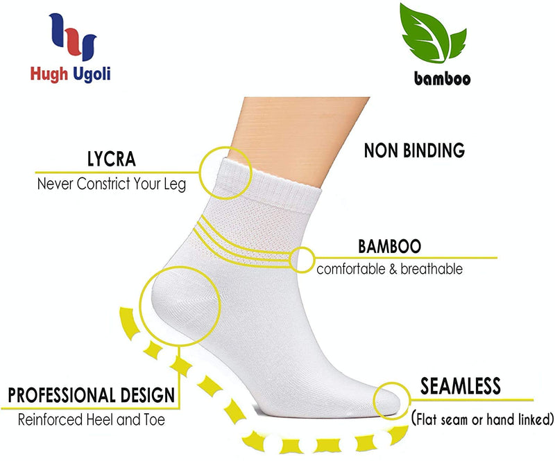 [Australia] - Hugh Ugoli Men's Loose Diabetic Ankle Socks Bamboo, Wide, Thin, Seamless Toe and Non-Binding Top, 4 Pairs 8-11 White 