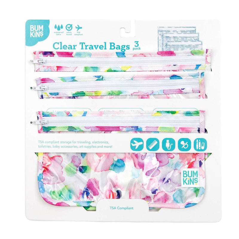 [Australia] - Bumkins TSA Approved Toiletry Bag, Travel Bag, Quart Zip Pouch, PVC-Free, Vinyl-Free, Clear Sided, Set of 3 – Watercolor 