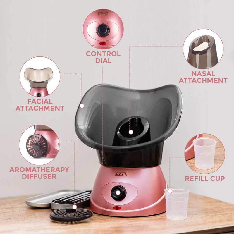 [Australia] - LIVIVO Facial Face Spa Steamer Inhaler With Aromatherapy Diffuser 'Herb Grill' and Dual Nose-Cones Kit Set - Ideal To Use on Open Pores For Removal of Dirt Acne Pimples etc (Rose Gold) 