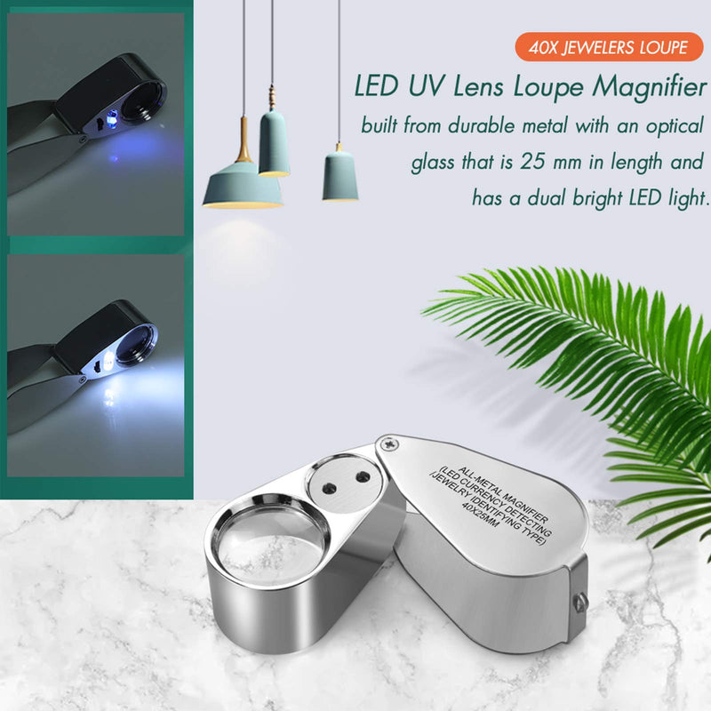 [Australia] - Leffis 40X Jewelers Loupe Magnifier Magnifying Glasses, LED/UV Illuminated Jewelry Loop Pocket Folding Magnifying Glass with Metal Construction for Close Work, Gardening, Kids, Stamp, Rock Collecting 