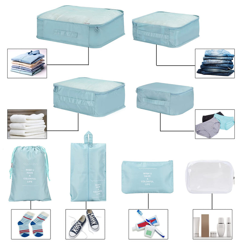 [Australia] - 8 Set Packing Cubes - WantGor 6 Travel Organizer Luggage Compression Pouches + 1 Shoes Bag+ 1 Clear Toiletry Bag (1# Sky Blue) 1# Sky Blue 