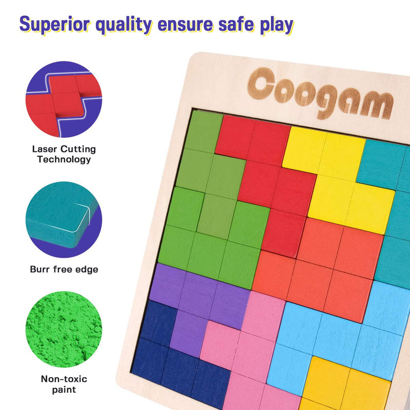 [Australia] - Coogam Wooden Puzzle Pattern Blocks Brain Teasers Game with 60 Challenges, 3D Russian Building Toy Wood Tangram Shape Jigsaw Puzzles Montessori STEM Educational Toys Gift for Kids Adults 