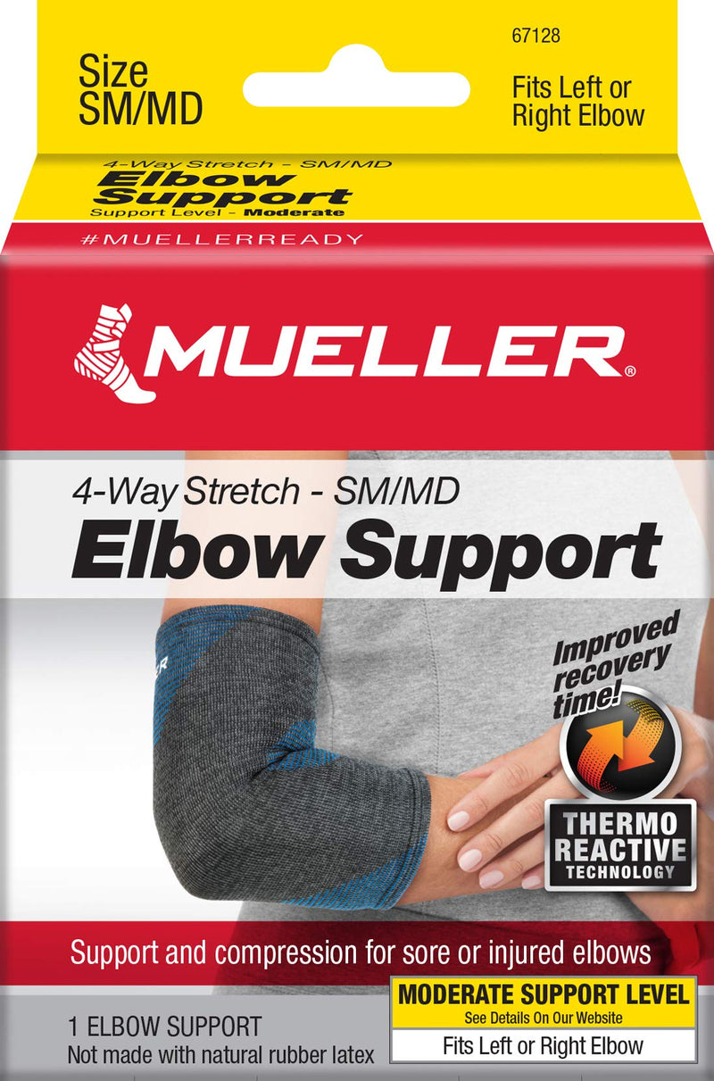 [Australia] - Mueller Sports Medicine 4-Way Stretch Premium Knit Elbow Support Sleeve, For Men and Women, Black/Blue, S/M Small/Medium 