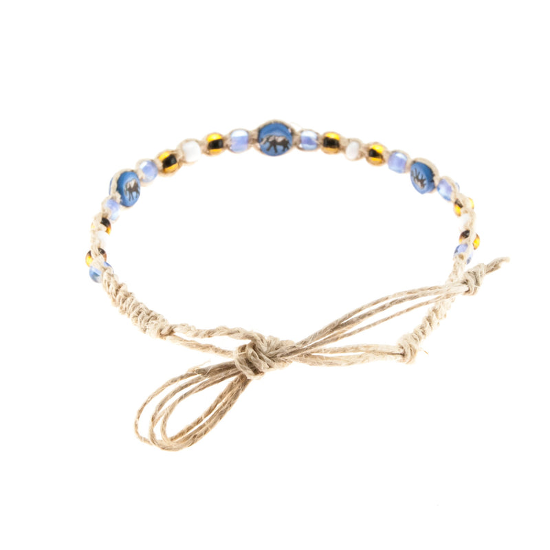 [Australia] - Hemp Anklet Bracelet with Blue, Amber & White Glass Beads, Elephant Fimo Disc 