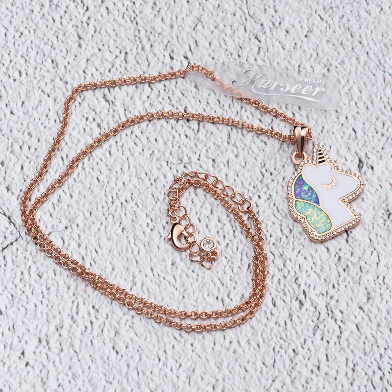 [Australia] - Karseer Unicorn Crescent Moon Pendant Necklace Rainbow Crystal and Glitter Opal Dream Star Series Magic Necklaces Jewelry Christmas New Year Gift for Women Girls Kids 18K Rose Gold Plated 