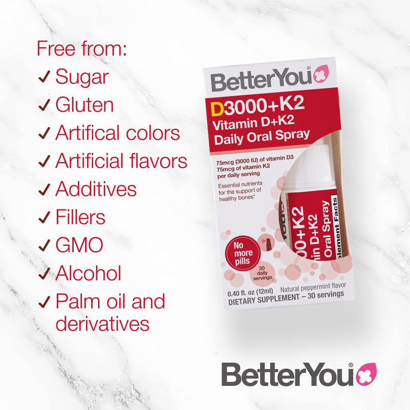 [Australia] - BetterYou Vitamin D3000+K2 Daily Oral Spray | Natural Daily Multivitamin Spray and Immune System Support | Natural Peppermint Flavour | 12ml (30 Daily Doses) 
