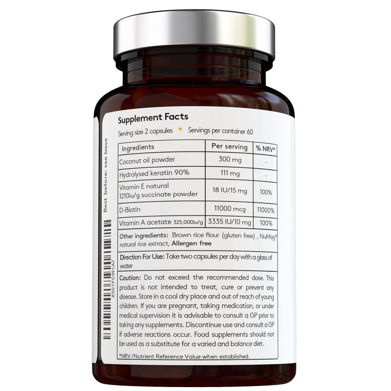 [Australia] - Complex Hair Formula - Biotin & Keratin with Vitamin A & E and Coconut - High Strength - 2-Month Supply - Premium Ingredients - for Stronger Hair and Skin - Made in The UK 