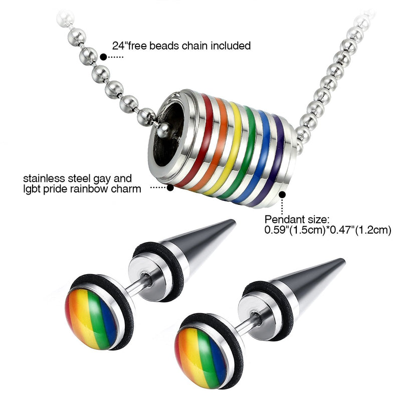 [Australia] - OIDEA Assorted Gay LGBT Pride Rainbow Pendant Necklace,2pcs 8MM Punk Rock Rivet Earring Studs,Hypoallergenic 