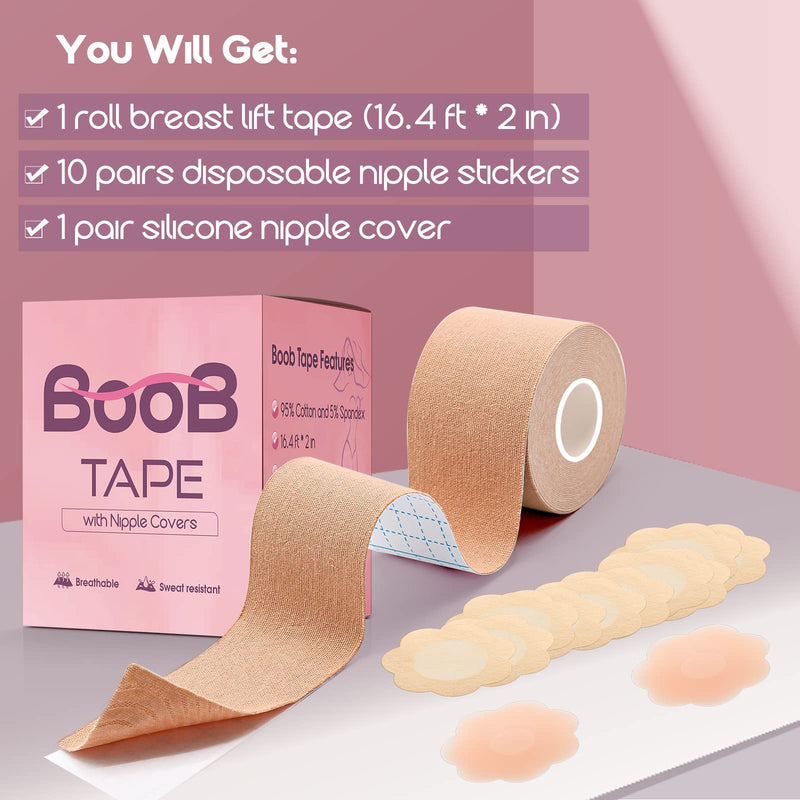 [Australia] - Boob Tape, Breathable & Sticky Boobytape for Breast Lift, Suitable for Large Breasts A-G Cup (Nude) Incl. 1 Breast Lift Tape, 10 Pairs Satin Breast Petals and 1 Pair Reusable Silicone Nipple 