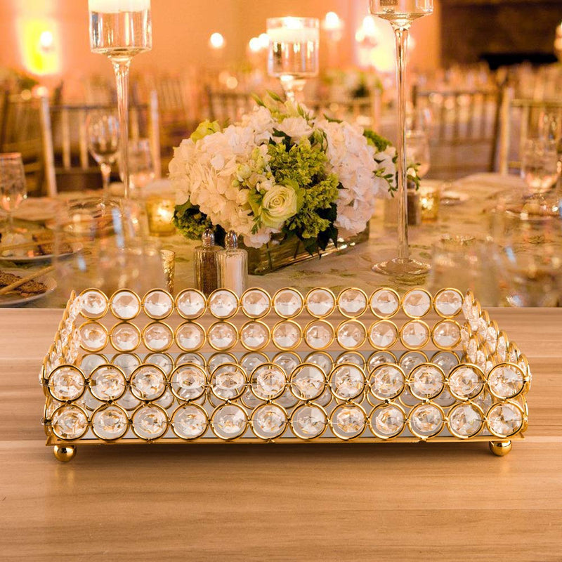 [Australia] - Feyarl Crystal Mirrored Cosmetic Tray Vanity Rectangle Jewelry Trinket Organizer Tray Decorative Tray Storage Home Deco Wedding Dresser Birthday Gift(Gold) Gold 