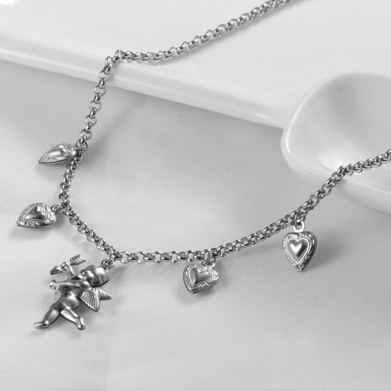[Australia] - Tiande Angel Cupid Chain Necklace Steel Stainless Angel Baby Wing Love Heart Bell Clavicle Choker Necklace for Women Girls Men Boys 