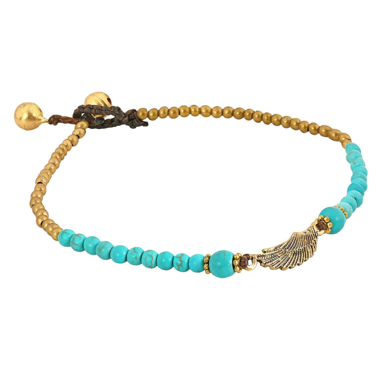 [Australia] - AeraVida Charming Brass Wing with Simulated Turquoise & Fashion Brass Beads Handmade Link Anklet 