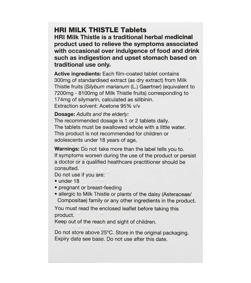 [Australia] - HRI Milk Thistle Tablets. 300 Milligrams. Highest Approved Dose of Milk Thistle on The UK Market. to Relieve Symptoms of Overindulgence of Food and Drink, Indigestion, Upset Stomach. 30 Tablets 30 Count (Pack of 1) 