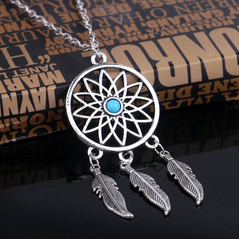 [Australia] - lauhonmin 3pcs Women Retro Silver Turquoise Feather Dream Catcher Pendant Necklace Earrings Set Family Friend Gift 
