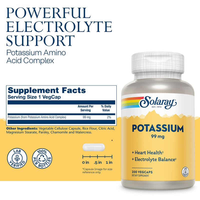 [Australia] - Solaray Potassium 99 mg, Fluid & Electrolyte Balance Formula, Cardiovascular, Nerve & Muscle Health Support, 200 VegCaps 