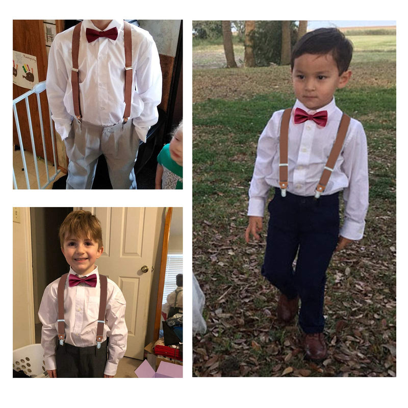 [Australia] - Child Kids Suspender Bowtie Sets - Y Shape Adjustable Suspender with Silk Bowties Gift Idea for Boys and Girls by WELROG Brown + Burgundy Bowtie 24 inch (7 month - 3 years) 