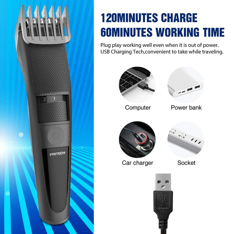 [Australia] - Electric Hair Clipper Cordless Beard Trimmer for Men Professional Barber Clippers, Hair Clipper with Comb Attachment and 20 Adjustable Settings, Washable black by PRITECH… 