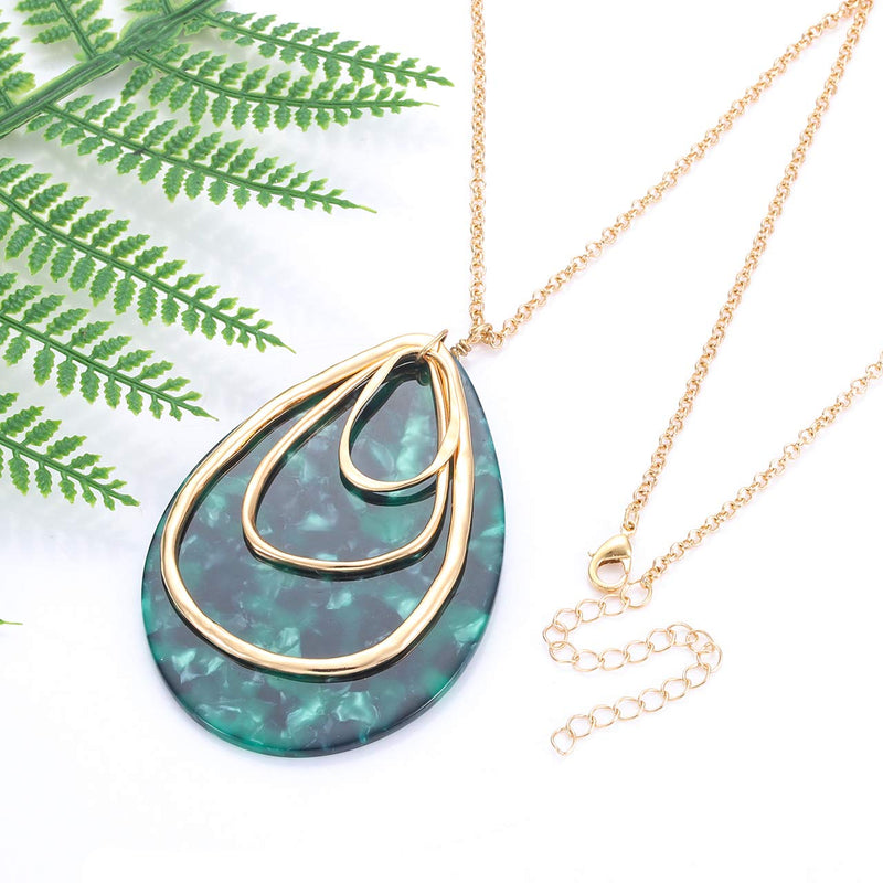 [Australia] - MOLOCH Long Necklace for Women Girls Geometry Teardrop Acrylic Circle Pendant Necklace Statement Boho Acetate Resin Necklace Minimalist Gift Dark green 