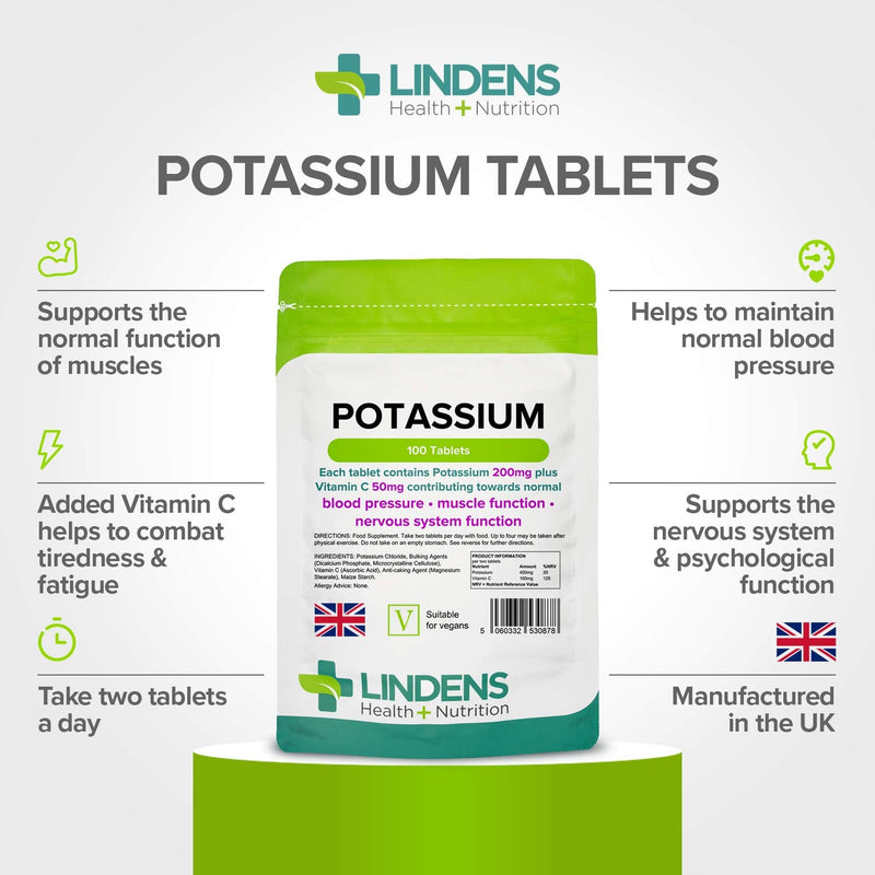 [Australia] - Lindens Potassium 200mg Tablets with 50mg Vitamin C - 100 Tablets - Contributes to Normal Blood Pressure, Muscle Function and Nervous System Function - UK Manufacturer, Letterbox Friendly 200 Count (Pack of 50) 