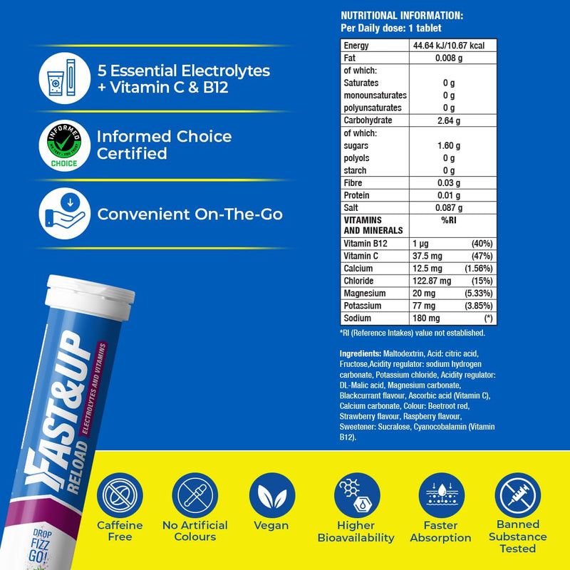 [Australia] - Fast&Up Reload – Instant Hydration and Electrolytes Replenishment - 20 Effervescent Tablets (Mixed Berry) Mixed Berry 20 Count (Pack of 1) 