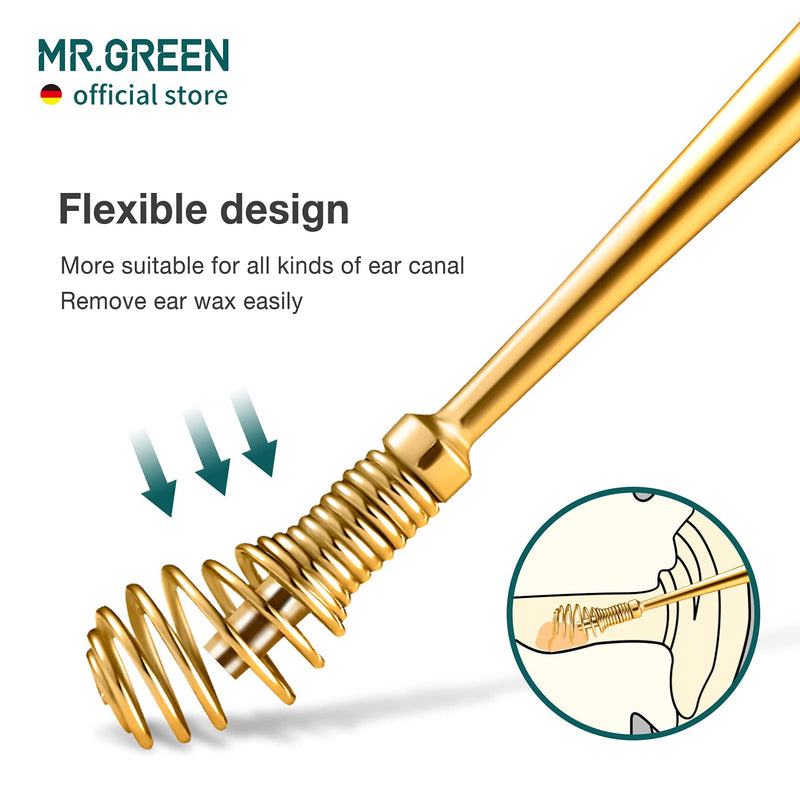 [Australia] - MR.GREEN Ear Wax Removal 360° Spiral Massage Ear Pick Ear Canal Cleaner Stainless Steel Flexible Design Ear Care Tools (Golden) Golden 