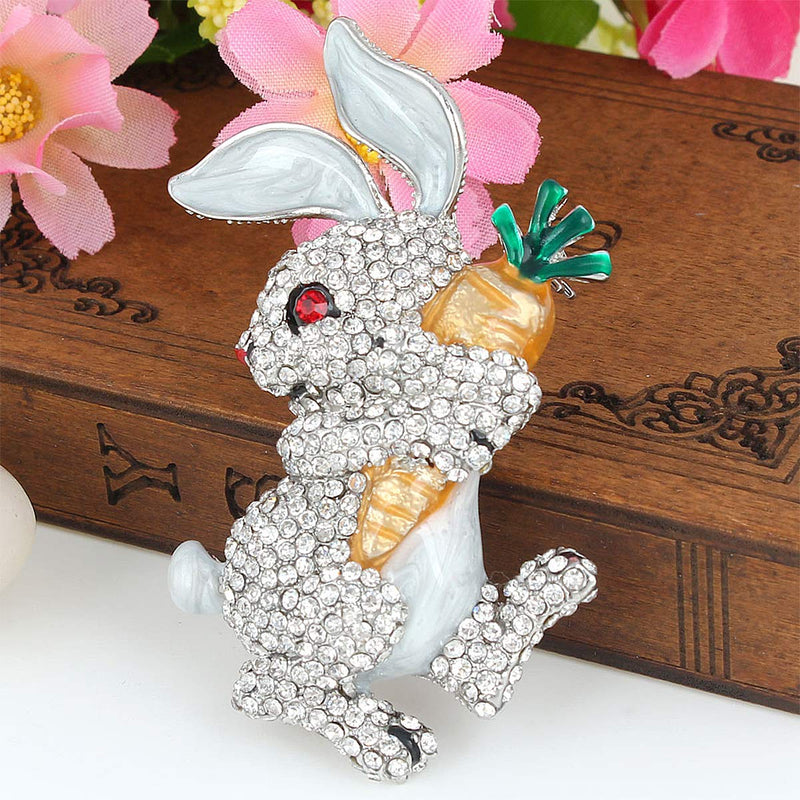[Australia] - EVER FAITH Austrian Crystal Enamel Adorable Rabbit with Carrot Brooch Pendant Clear Silver-Tone 