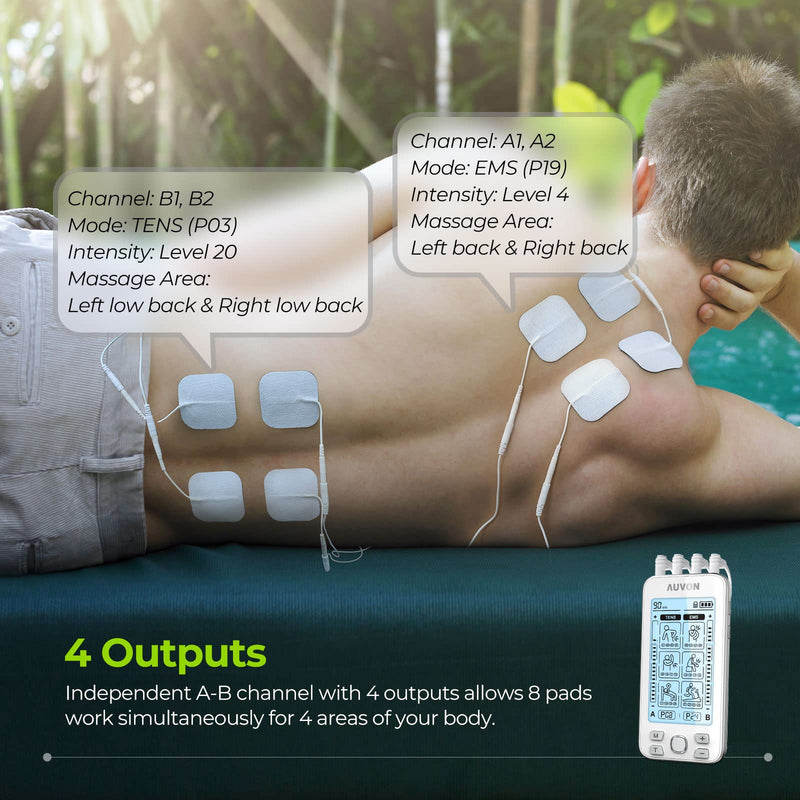 [Australia] - AUVON 4 Outputs TENS Machine for Pain Relief, TENS EMS Muscle Stimulator with 24 Modes, 2" and 2"x4" TENS Electrodes Pads (White) A-white 