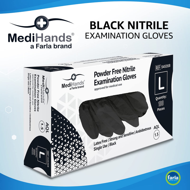 [Australia] - MediHands Nitrile Gloves - Disposable Black Gloves - Powder Free & Latex Free Nitrile Gloves Large - Multi-Purpose, Single Use - Box of 100 L (Pack of 100) 