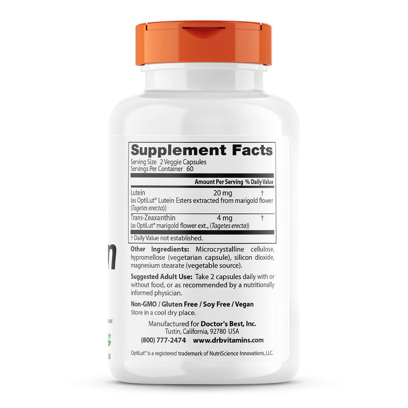 [Australia] - Doctor's Best Lutein with OptiLut Non-GMO, Vegan, Gluten Free, Soy Free, Eye Health, 20 mg, 120 Veggie Caps 