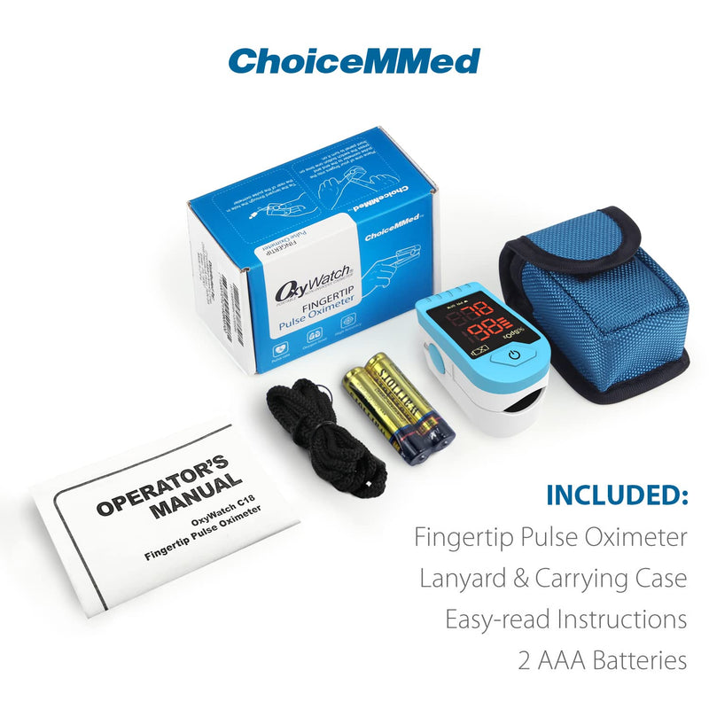 [Australia] - CHOICEMMED Light Blue Finger Pulse Oximeter - Blood Oxygen Saturation Monitor - SPO2 Pulse Oximeter - Portable Oxygen Sensor with Included Batteries - O2 Saturation Monitor with Carry Pouch 