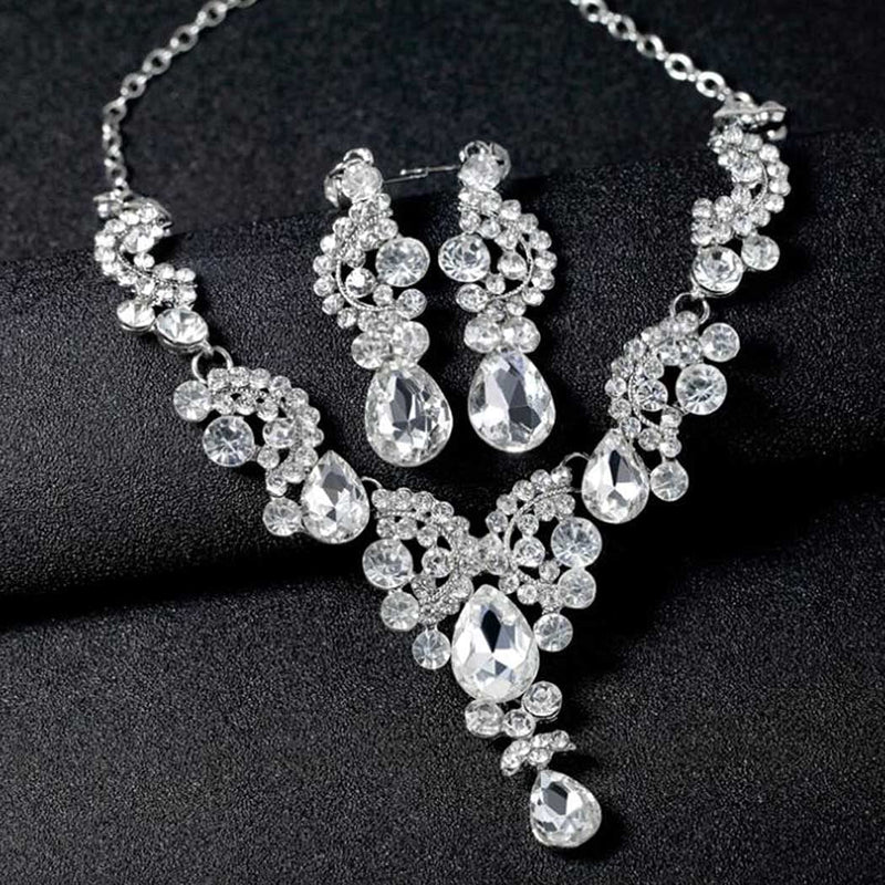 [Australia] - Unsutuo Bridal Jewelry Set for Wedding Necklace Earrings Set Rhinestone Silver Costume Jewelry for Women and Bridesmaid (Set-1) Set-1 