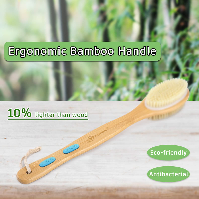 [Australia] - FREATECH Long Handle Body Brush Back Scrubber Exfoliator - Bamboo Bath Shower Brush, Dual-sided Brush Head with Soft Nylon Bristles and Stiff Natural Bristles for Wet or Dry Brushing Blue 