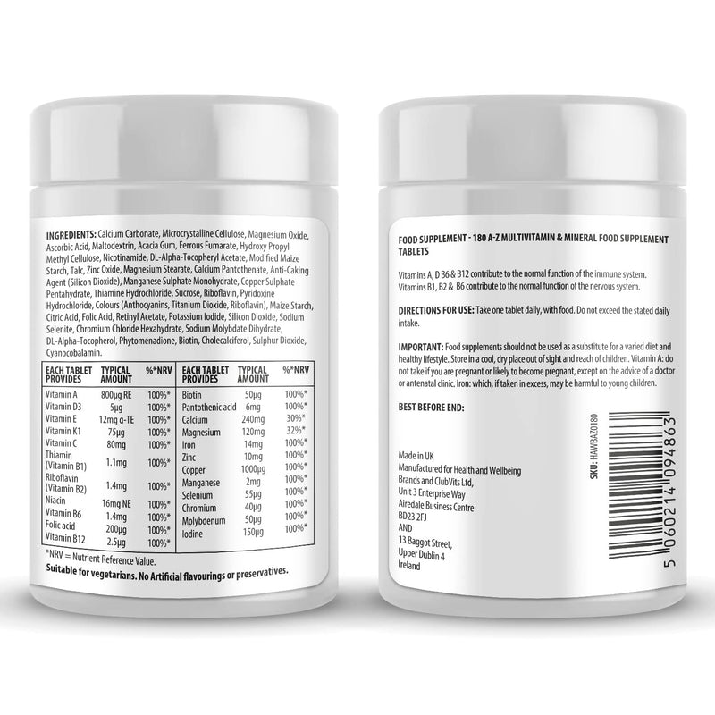 [Australia] - A-Z Multivitamin and Minerals 180 Tablets, Vitamins for Men's and Women's, 23 High Strength Vitamins and Minerals Including Iron, Zinc Vitamin C and More (180) 
