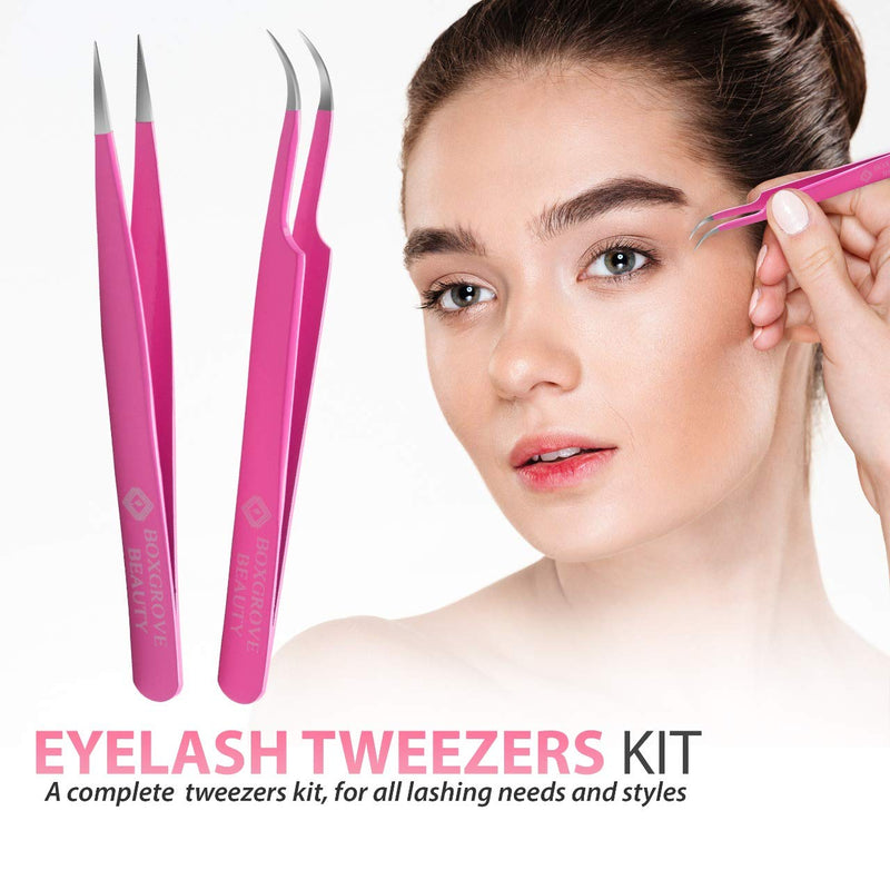 [Australia] - Lash Tweezers, Pack of 2 Stainless Steel Tweezers for Eyelash Extensions | Straight and Curved Tip Eyelash Tweezers | False Lash Application Tools 