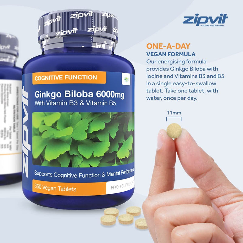 [Australia] - Ginkgo Biloba 6000mg Standardised Leaf Extract, 360 Vegan Tablets with Vitamin B3 and B5. Vegetarian Society Approved. UK Manufactured. 12 Months Supply. 