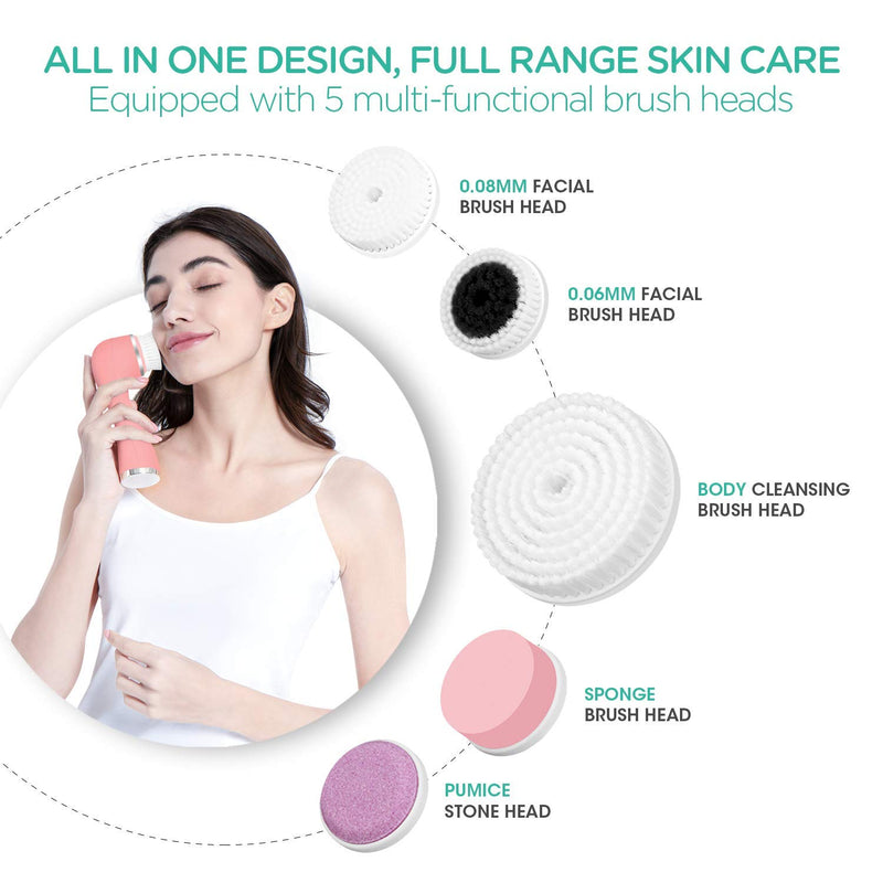 [Australia] - VOYOR Facial Cleansing Brush Rechargeable, Spin Face Brush Waterproof 5-IN-1 Body Brush Set for Deep Skin Cleansing, Gentle Exfoliating and Massaging FB500 (Pink) Pink 