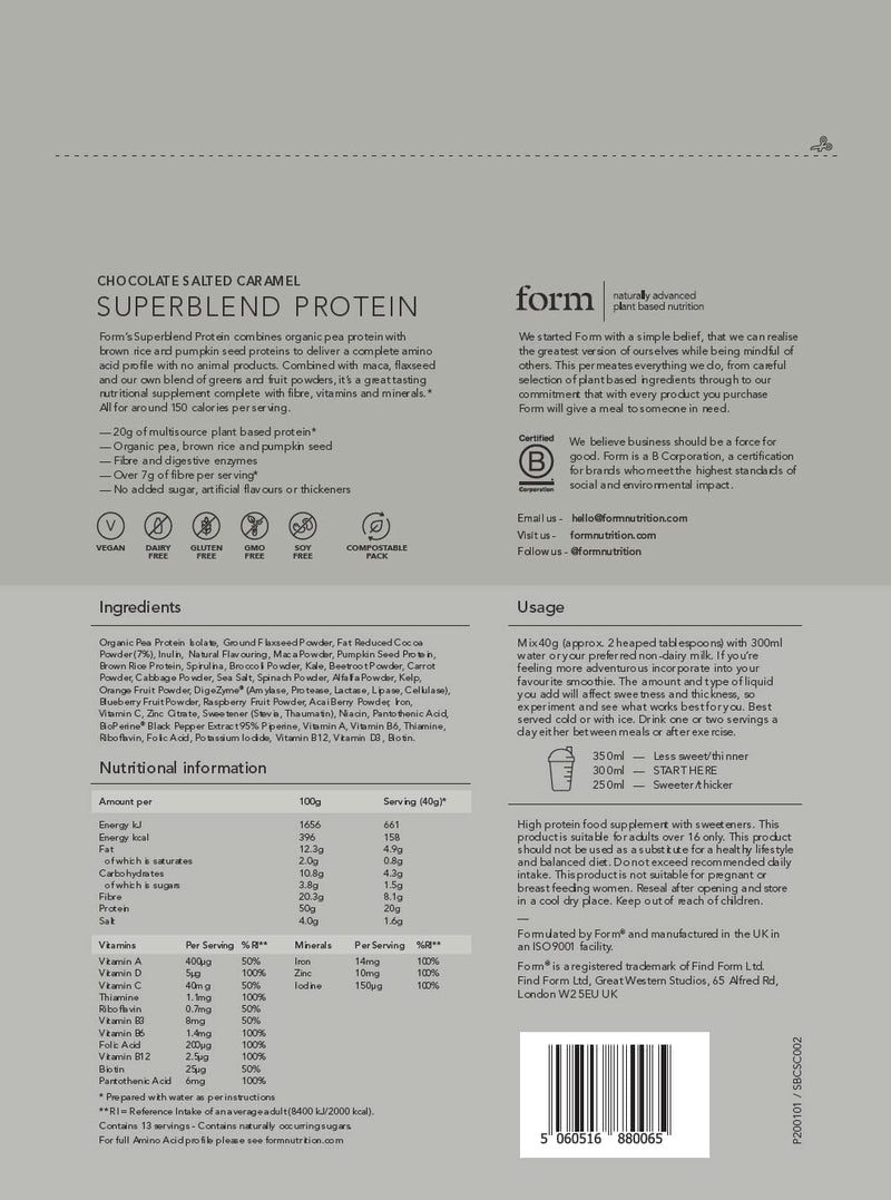 [Australia] - Form Superblend Protein - Vegan Protein Powder with Superfoods, Vitamins and Minerals (Chocolate Salted Caramel) Chocolate Salted Caramel 520 g (Pack of 1) 