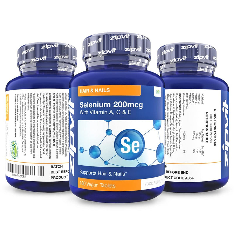 [Australia] - Selenium 200mcg with Vitamins ACE, 180 Vegan Tablets, High Strength Selenium Supplement, Supports Hair and Nails, Immune System and Thyroid Function, 6 Month Supply, UK Supplier 
