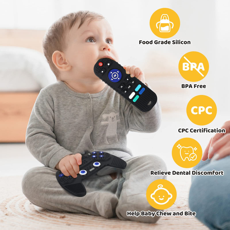 [Australia] - THOOKE Remote Teether for Baby, 2Pcs Silicone Teething Toys for Infant Toddler 0-12 Months, Game Control Chew Gel Gifts for Newborn Kids/Boy/Girl, BPA Free Freezable Relief Molars Gums Pain Black 