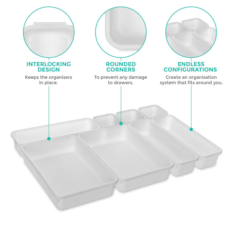 [Australia] - FiNeWaY 8pc Interlocking Drawer Organiser Plastic Storage Separator Tray Boxes Cutlery Compartment Kitchen Bedroom Bathroom Desk Office De-Clutter Tidy (White) White 