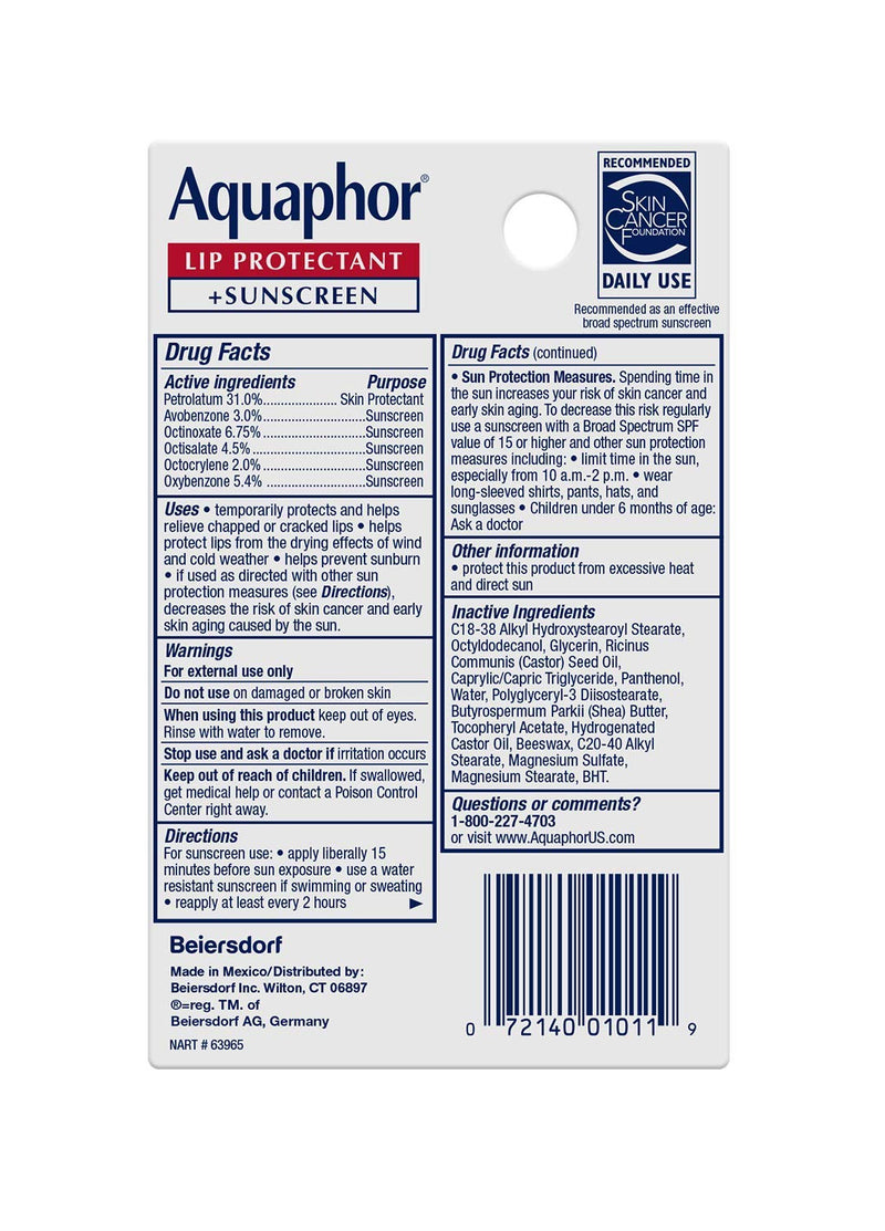 [Australia] - Aquaphor Lip Protectant and Sunscreen Ointment - Broad Spectrum SPF 30 - Relieves Chapped Lips, Ointment, Fragrance Free, 0.35 Fl Oz 