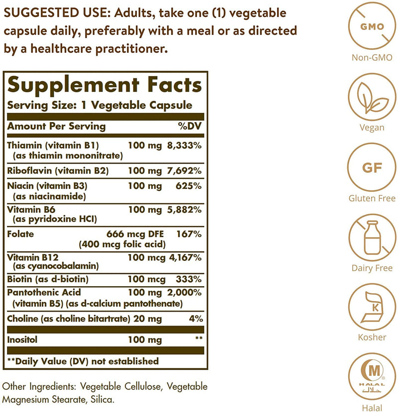 [Australia] - Solgar B-Complex "100", 100 Vegetable Capsules - Heart Health - Nervous System Support - Supports Energy Metabolism - Non GMO, Vegan, Gluten Free, Dairy Free, Kosher, Halal - 100 Servings 100 Count (Pack of 1) 