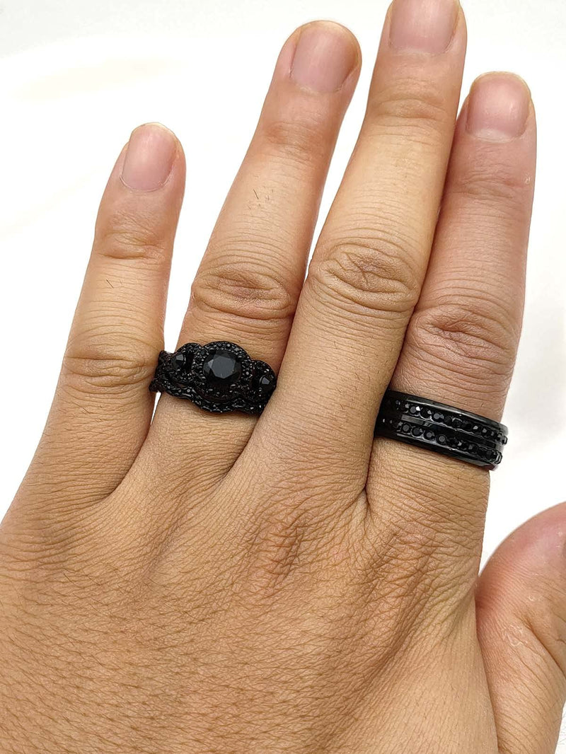 [Australia] - ringheart 2 His and Hers Ring Couple Rings Black Cz Three Stone Womens Wedding Ring Sets Titanium Steel Mens Wedding Bands women's size 6 & men's size10 