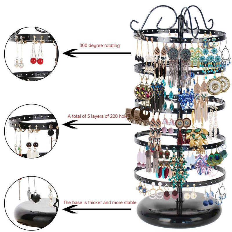 [Australia] - 5 Tiers Metal Rotating Earring Holder Organizer, TANOKY Exquisite Jewelry Display Stand Necklace Rack Holder, 220 Holes for Earrings- 14x6.3 Inch (White) White 