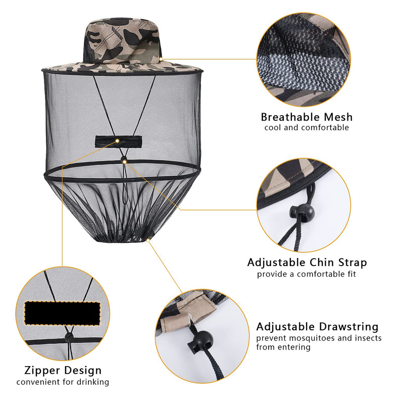 [Australia] - Mosquito Hat with Removable Netting Midge Mosquito Head Net Hat Face Neck Protection Head Cover for Beekeeper Hiking Fishing Camping Grey 