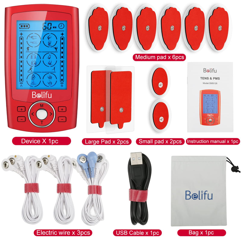 [Australia] - Belifu Dual Channel TENS EMS Unit 24 Modes Muscle Stimulator for Pain Relief Therapy, Electronic Pulse Massager Muscle Massager with 10 Pads, Dust-Proof Drawstring Storage Bag，Fastening Cable Ties Red 