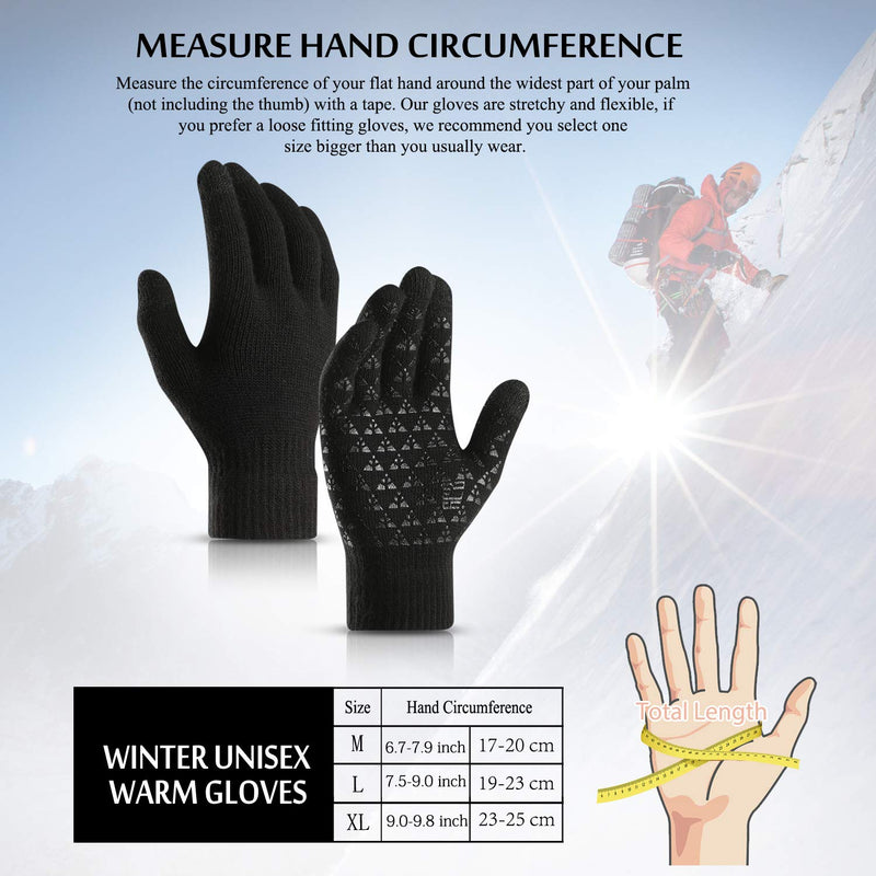 [Australia] - TRENDOUX Winter Gloves for Men and Women - Upgraded Touch Screen Anti-Slip Silicone Gel - Elastic Cuff - Thermal Soft Wool Lining - Knit Stretchy Material Black Medium 